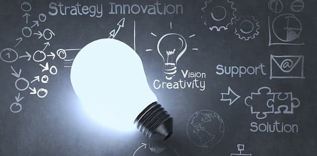 칠판에 그린 Strategy · Innovation · Vision · Solution 도식 한가운데 전구 하나가 켜져 있다