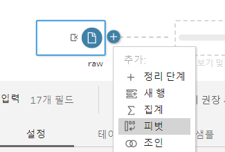입력 단계 옆 + 단추를 눌러 나온 추가 메뉴에서 피벗을 고르는 화면