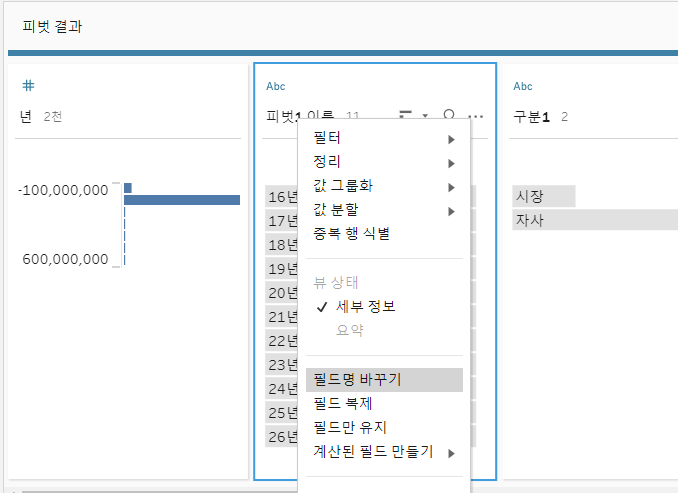 피벗 결과에서 피벗1 이름 필드의 메뉴를 열어 필드명 바꾸기를 고르는 화면
