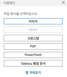 Tableau 다운로드 창에서 이미지 · 데이터 · 크로스탭 · PDF 가운데 형식을 고르는 화면
